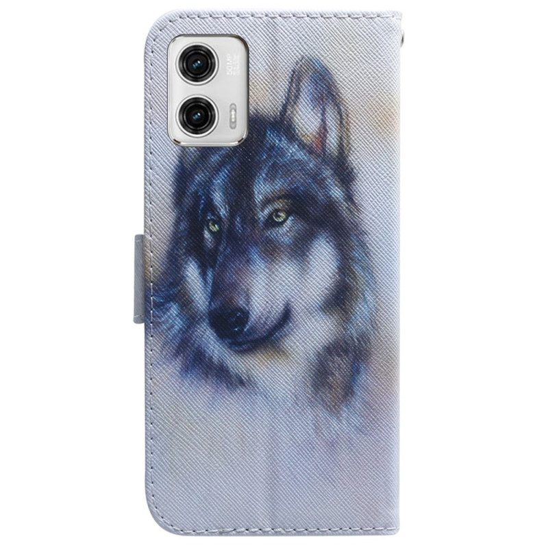 Leren Hoesje voor Moto G73 5G Met Ketting Strappy Aquarel Wolf