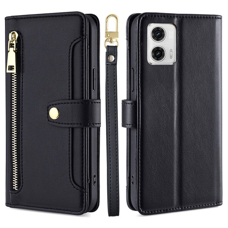 Leren Hoesje voor Moto G73 5G Portemonnee Met Schouderriem En Lanyard