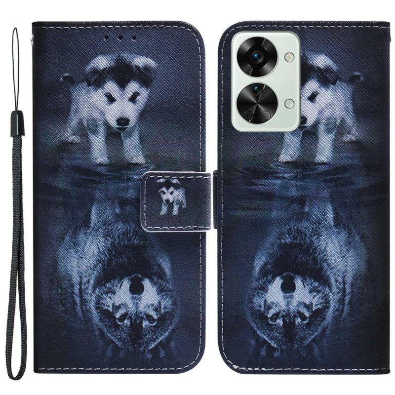 Leren Hoesje voor OnePlus Nord 2T 5G Met Ketting Puppy En Wolf In Riem