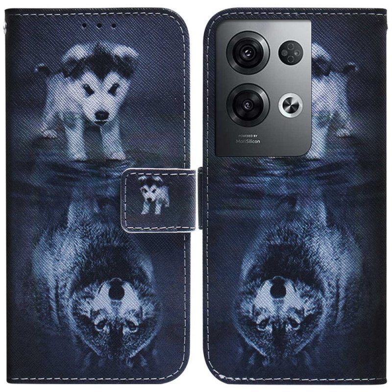 Leren Hoesje voor Oppo Reno 8 Pro Met Ketting Strappy Puppy-droom