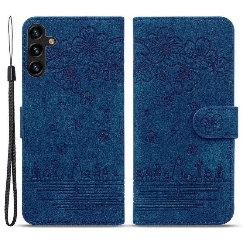 Leren Hoesje voor Samsung Galaxy A14 / A14 5G Met Ketting Bloemen String Kat