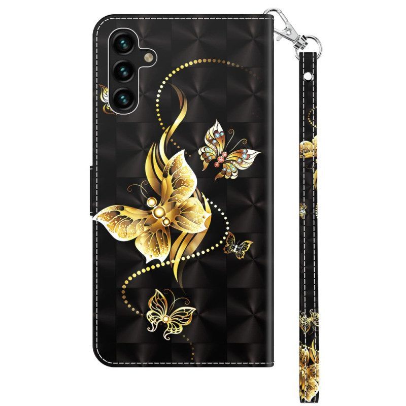 Leren Hoesje voor Samsung Galaxy A14 / A14 5G Met Ketting Gouden Vlinders Met Riem