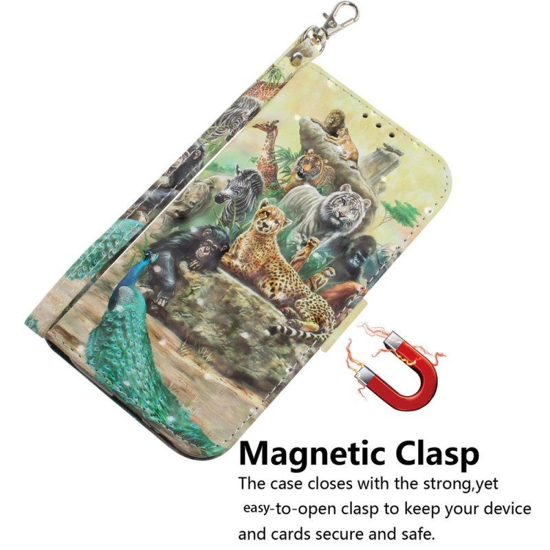 Leren Hoesje voor Samsung Galaxy A14 / A14 5G Met Ketting String Safari Dieren