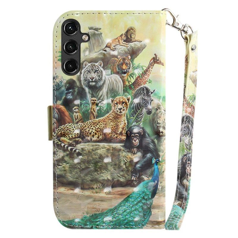 Leren Hoesje voor Samsung Galaxy A14 / A14 5G Met Ketting String Safari Dieren