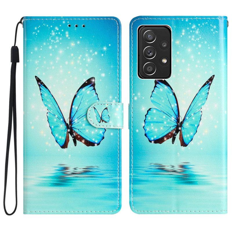 Leren Hoesje voor Samsung Galaxy A53 5G Met Ketting Blauwe Vlinders Met Riem