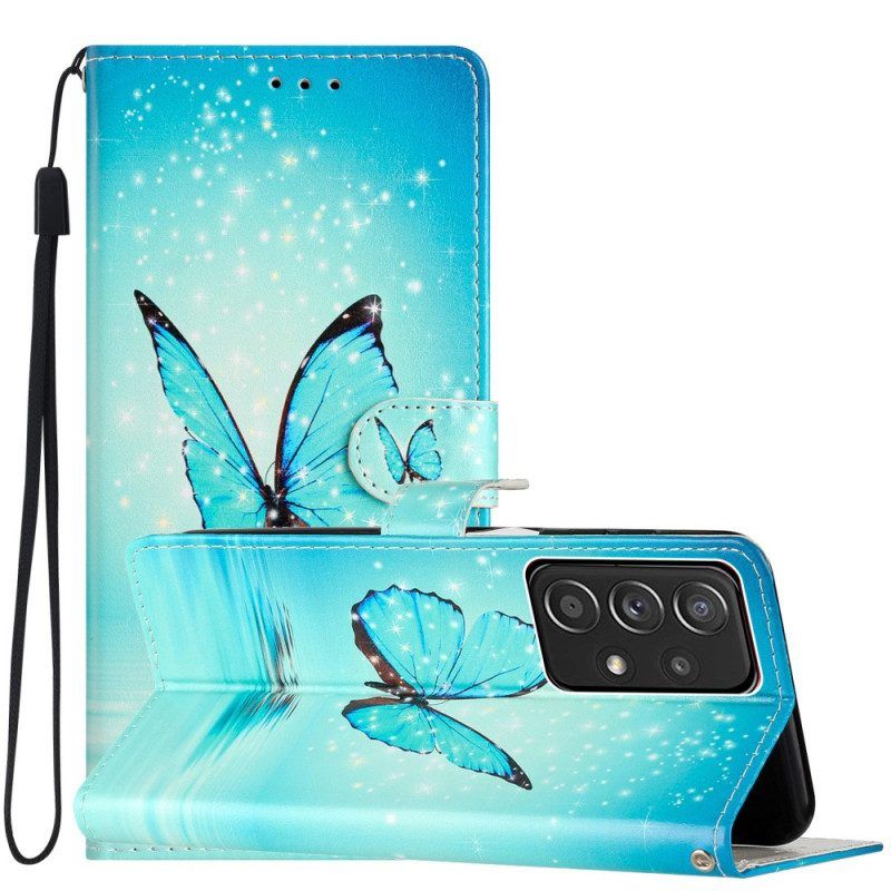 Leren Hoesje voor Samsung Galaxy A53 5G Met Ketting Blauwe Vlinders Met Riem