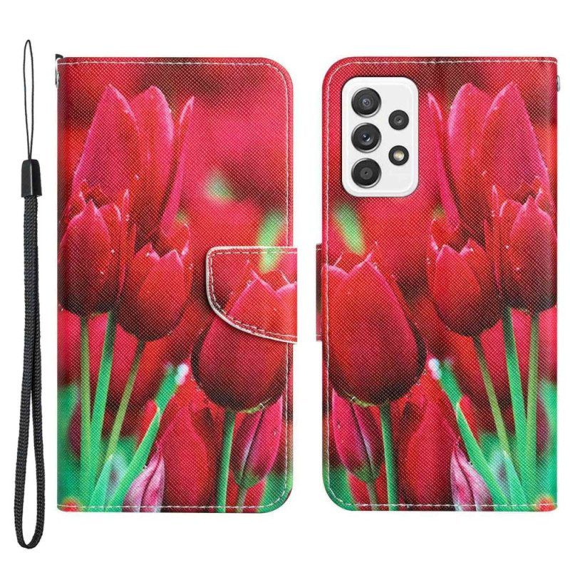 Leren Hoesje voor Samsung Galaxy A53 5G Met Ketting Riem Bloemen