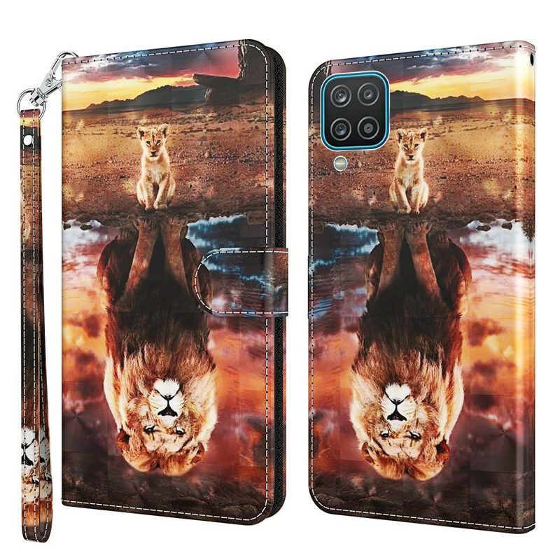 Leren Hoesje voor Samsung Galaxy M12 / A12 Lichtvlek Leeuw Met Lanyard