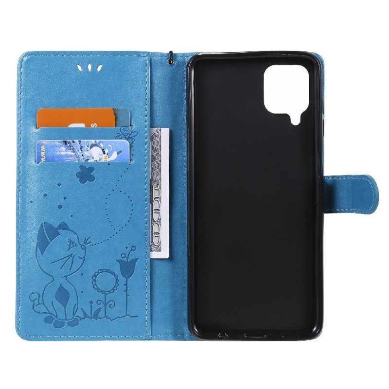 Leren Hoesje voor Samsung Galaxy M12 / A12 Met Ketting Kat En Bij Met Lanyard