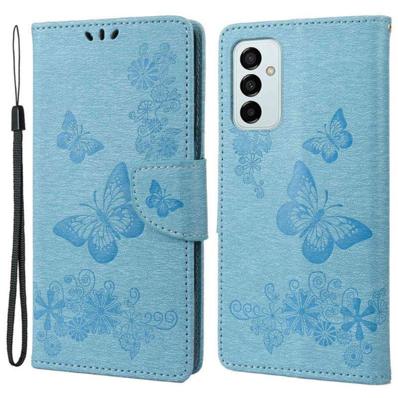 Leren Hoesje voor Samsung Galaxy M23 5G Met Ketting String Vlinders