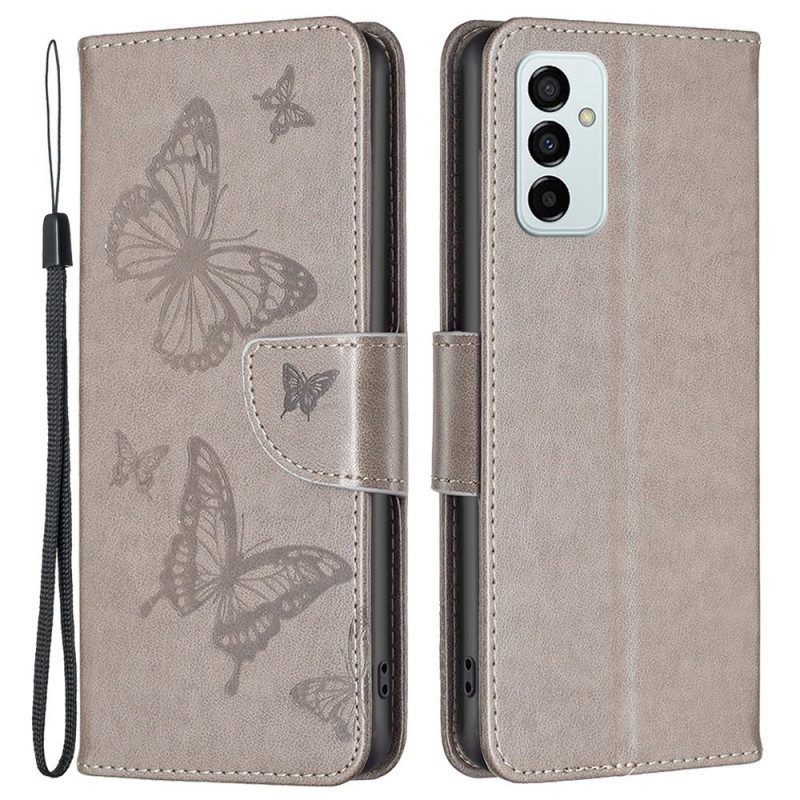 Leren Hoesje voor Samsung Galaxy M23 5G Met Ketting Vlinders Bedrukte Strappy