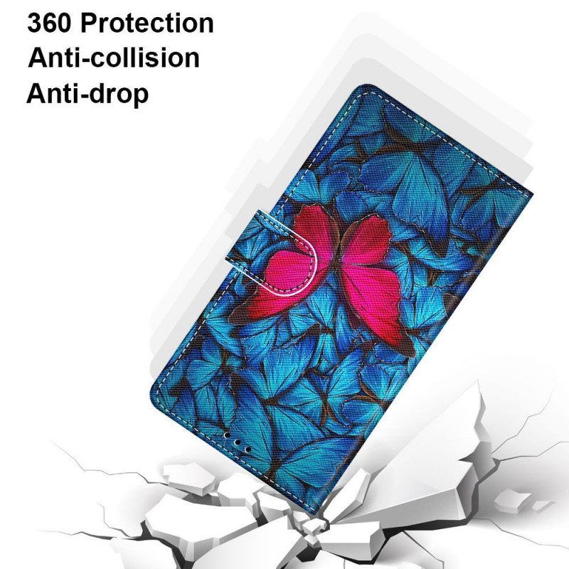 Leren Hoesje voor Samsung Galaxy M23 5G Rode Vlinder Blauwe Achtergrond
