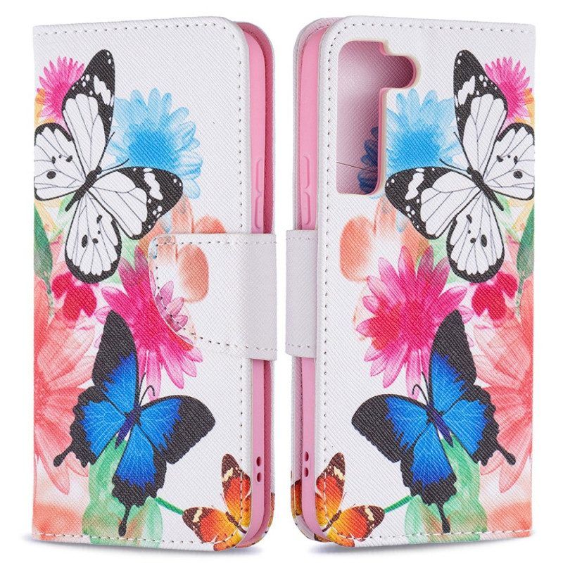 Leren Hoesje voor Samsung Galaxy S22 5G Geschilderde Vlinders En Bloemen