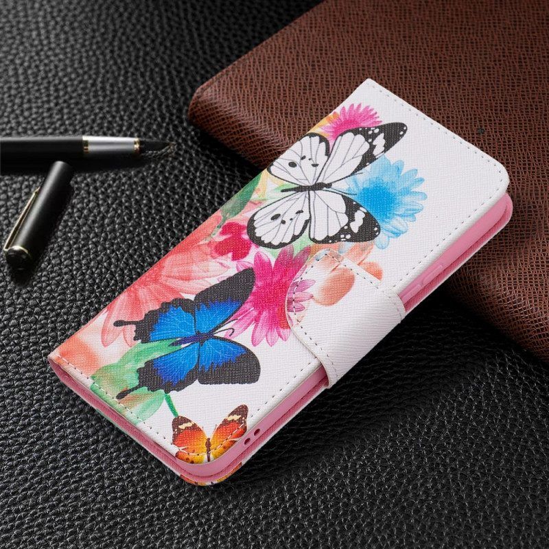 Leren Hoesje voor Samsung Galaxy S22 5G Geschilderde Vlinders En Bloemen