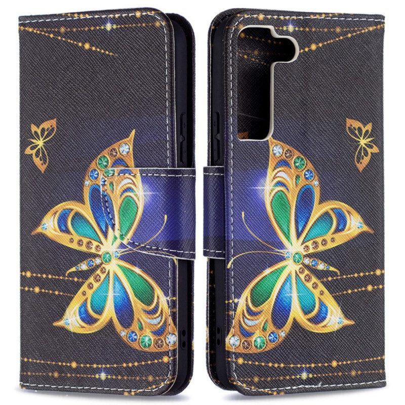 Leren Hoesje voor Samsung Galaxy S22 5G Gouden Vlinders