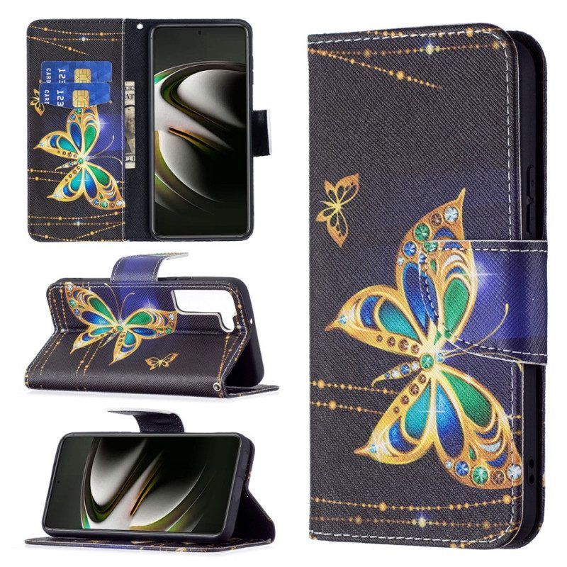 Leren Hoesje voor Samsung Galaxy S22 5G Gouden Vlinders