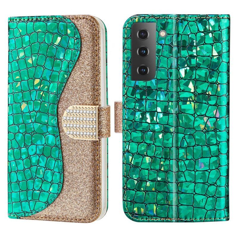 Leren Hoesje voor Samsung Galaxy S22 5G Krokodil Diamanten