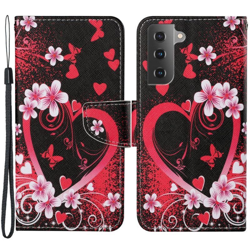 Leren Hoesje voor Samsung Galaxy S22 Plus 5G Bloemen En Harten Met Sleutelkoord