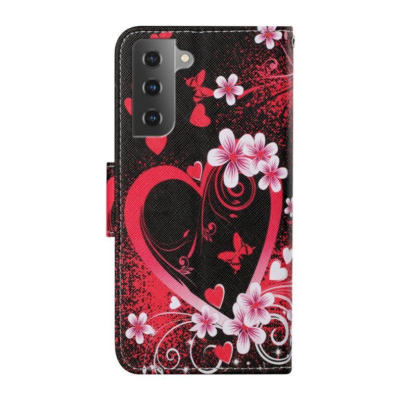 Leren Hoesje voor Samsung Galaxy S22 Plus 5G Bloemen En Harten Met Sleutelkoord