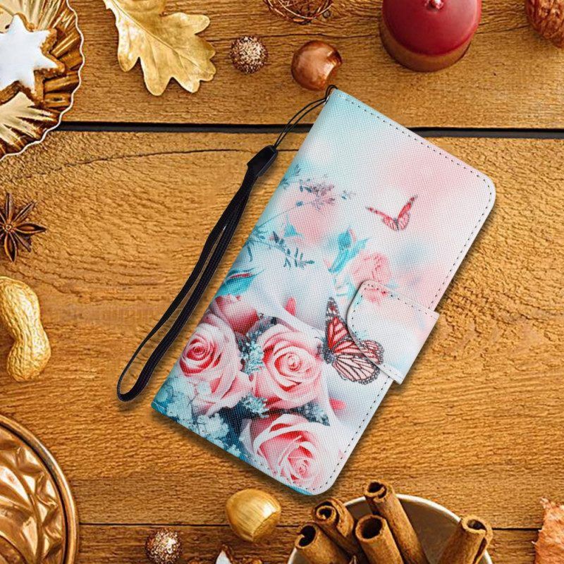 Leren Hoesje voor Samsung Galaxy S22 Plus 5G Boeket Bloemen En Vlinders