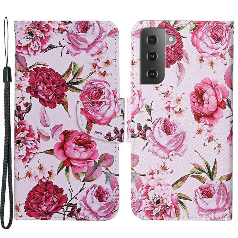 Leren Hoesje voor Samsung Galaxy S22 Plus 5G Meesterlijke Bloemen Met Riem