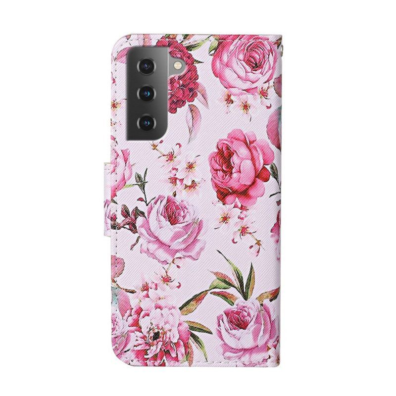 Leren Hoesje voor Samsung Galaxy S22 Plus 5G Meesterlijke Bloemen Met Riem