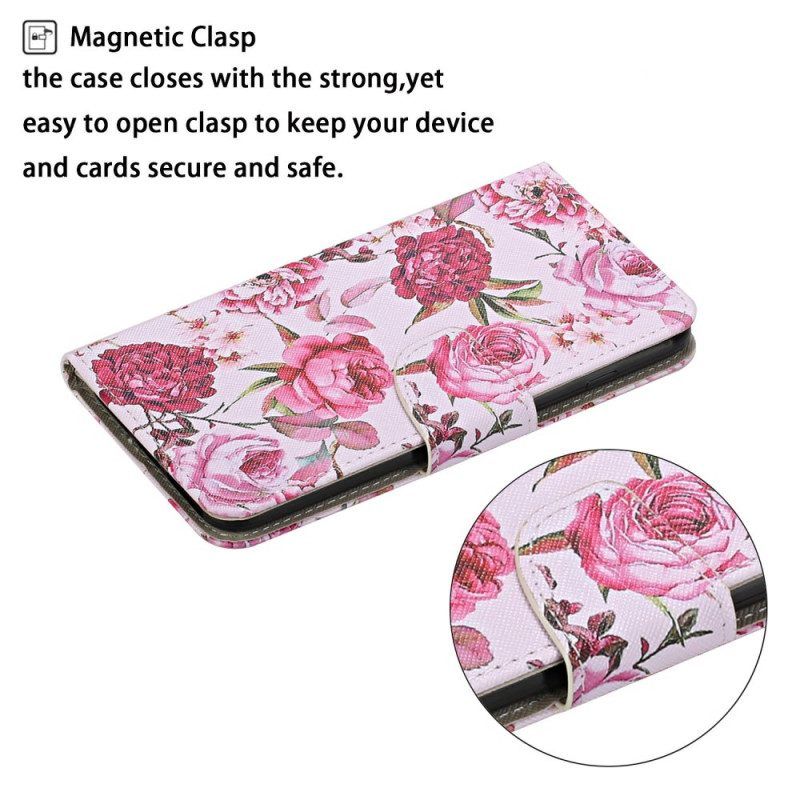 Leren Hoesje voor Samsung Galaxy S22 Plus 5G Meesterlijke Bloemen Met Riem