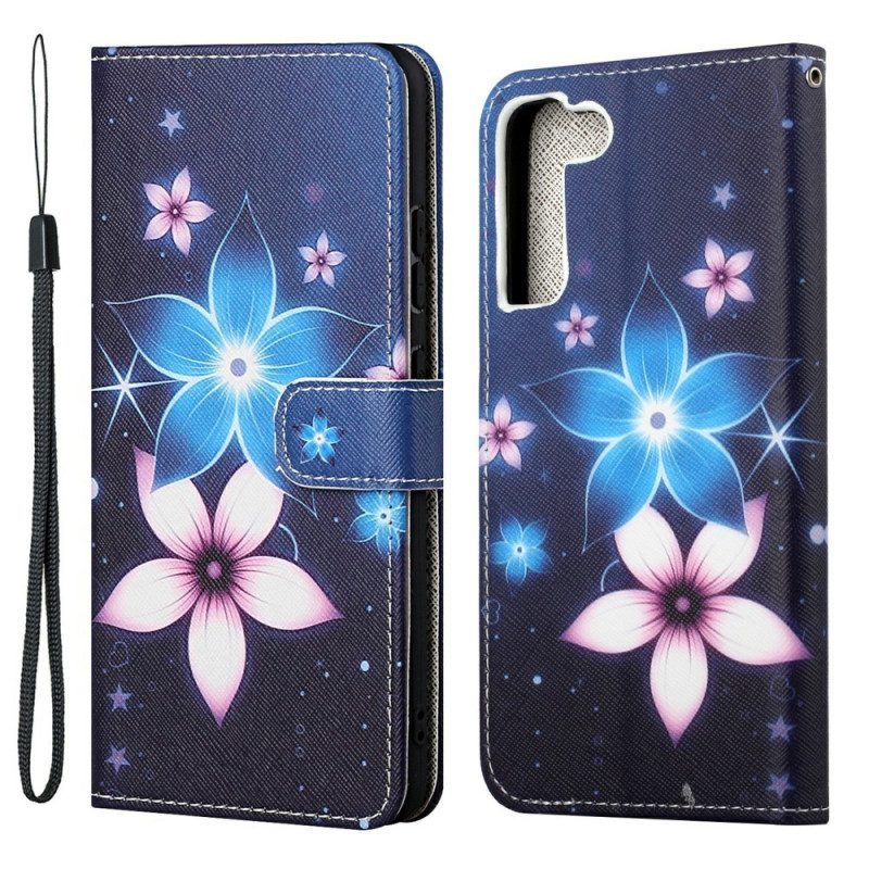 Leren Hoesje voor Samsung Galaxy S22 Plus 5G Met Ketting Maanband Bloemen