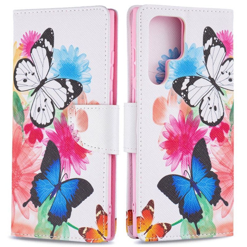 Leren Hoesje voor Samsung Galaxy S22 Ultra 5G Geschilderde Vlinders En Bloemen