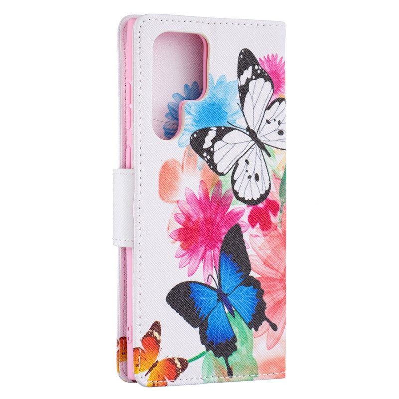 Leren Hoesje voor Samsung Galaxy S22 Ultra 5G Geschilderde Vlinders En Bloemen