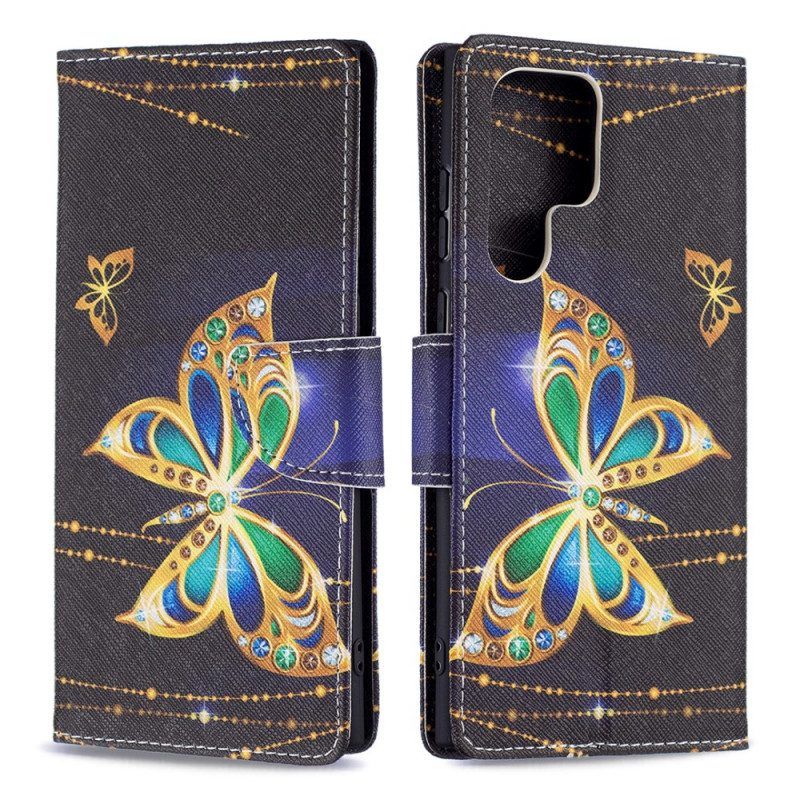 Leren Hoesje voor Samsung Galaxy S22 Ultra 5G Gouden Vlinders