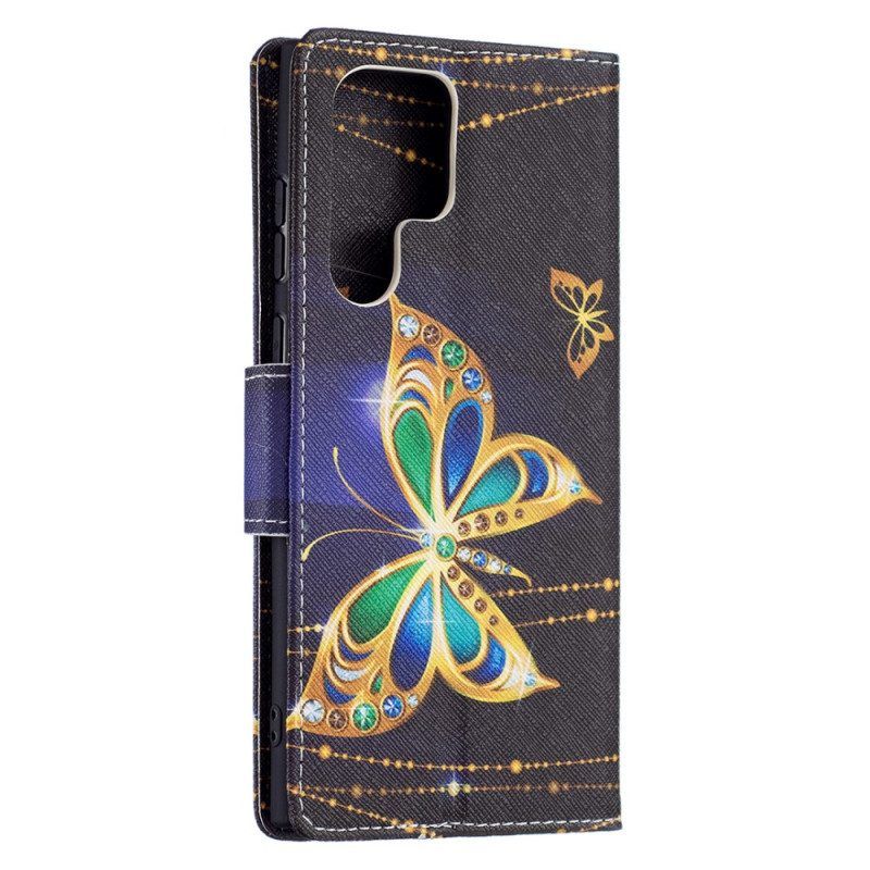 Leren Hoesje voor Samsung Galaxy S22 Ultra 5G Gouden Vlinders