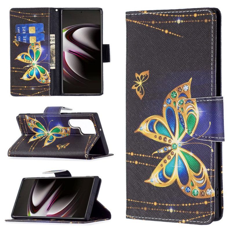 Leren Hoesje voor Samsung Galaxy S22 Ultra 5G Gouden Vlinders