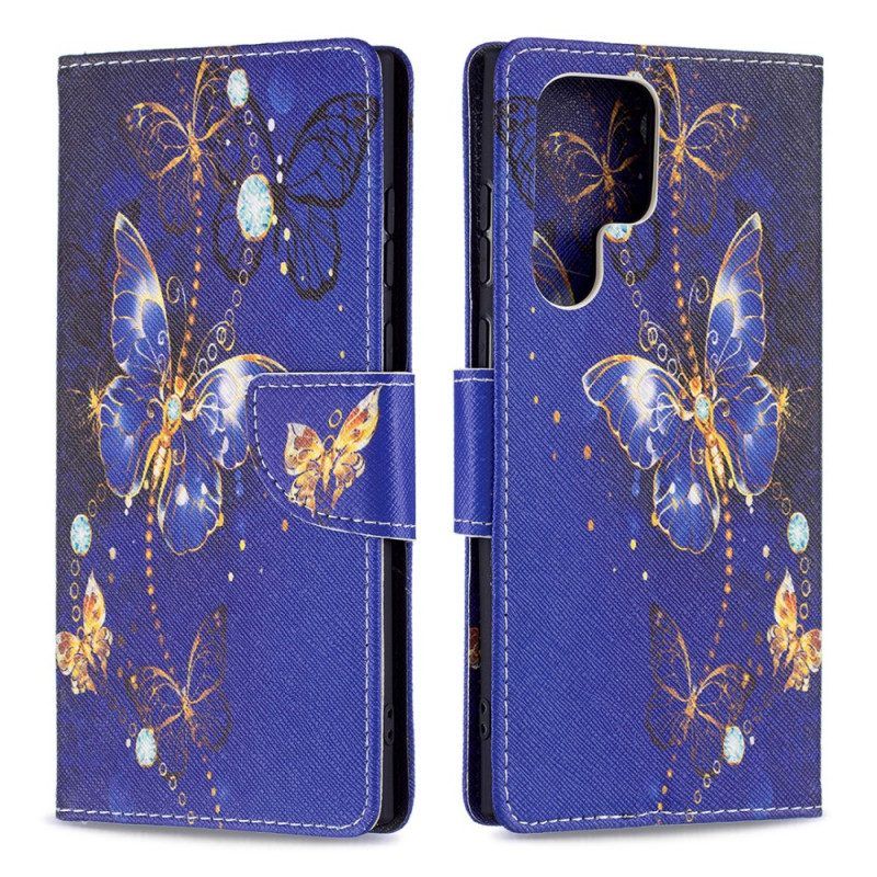 Leren Hoesje voor Samsung Galaxy S22 Ultra 5G Gouden Vlinders