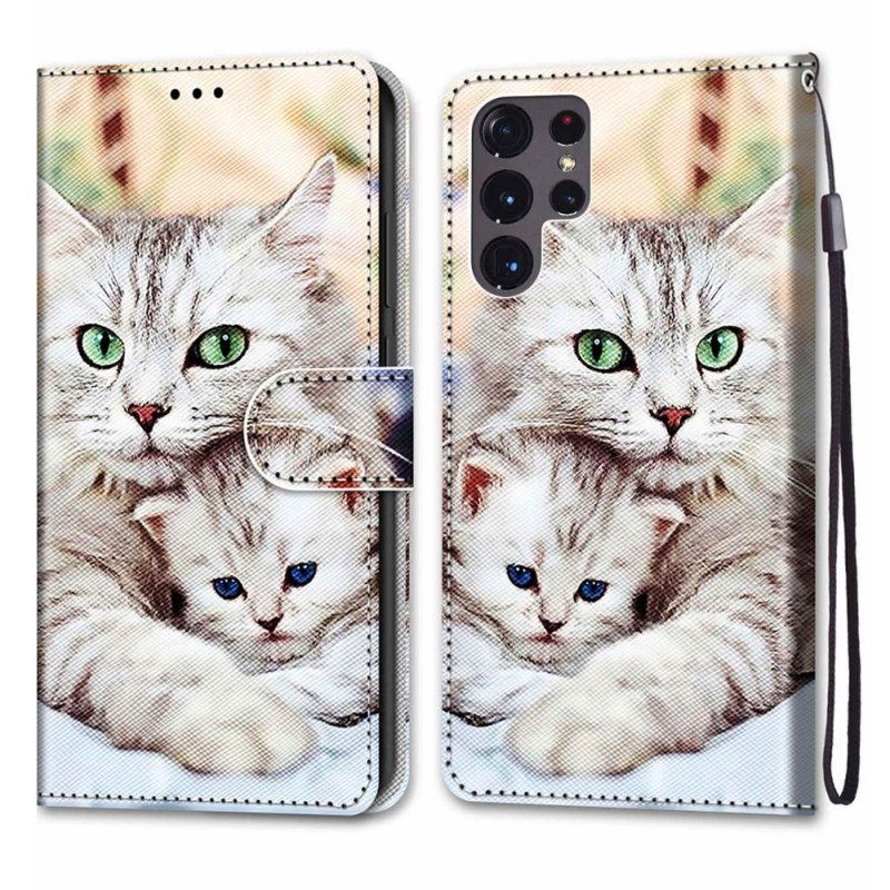 Leren Hoesje voor Samsung Galaxy S22 Ultra 5G Katten Familie