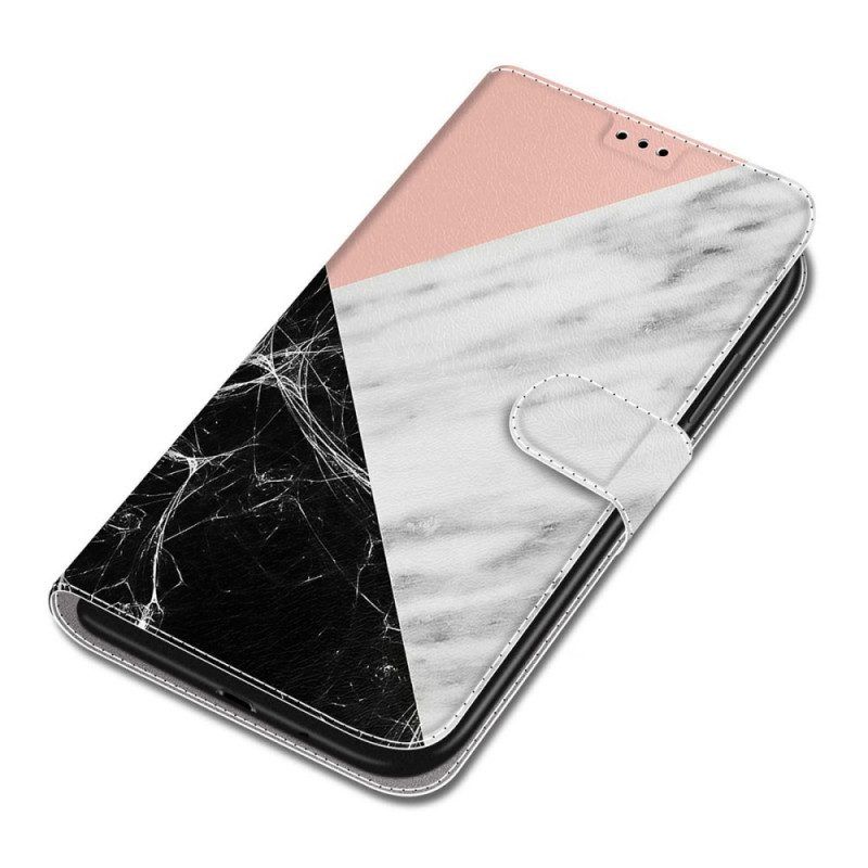 Leren Hoesje voor Samsung Galaxy S22 Ultra 5G Marmeren Elegantie Met Riem