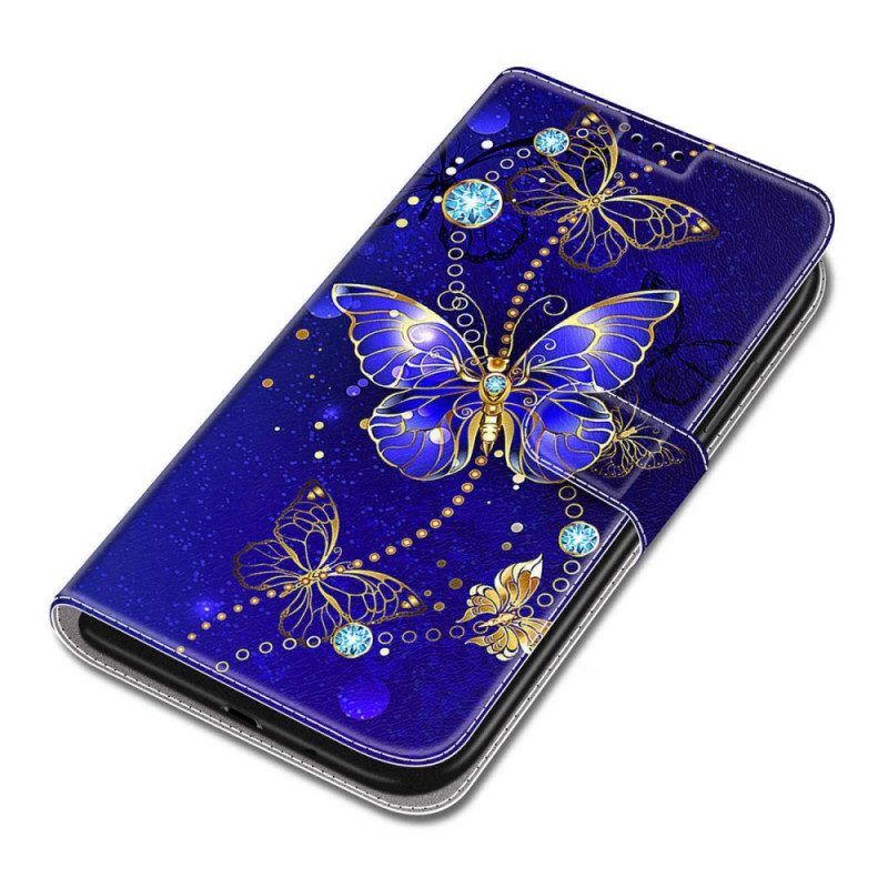 Leren Hoesje voor Samsung Galaxy S22 Ultra 5G Met Ketting Riem Vlinders Waaier