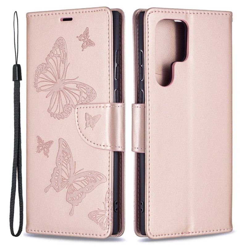 Leren Hoesje voor Samsung Galaxy S22 Ultra 5G Vlinders Tijdens De Vlucht Met Lanyard