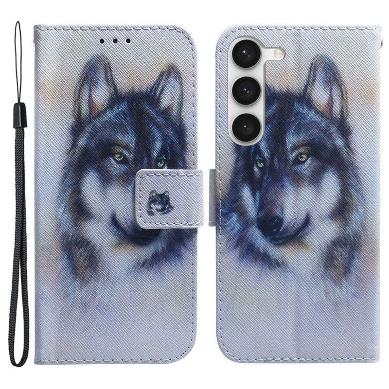 Leren Hoesje voor Samsung Galaxy S23 5G Aquarel Wolf