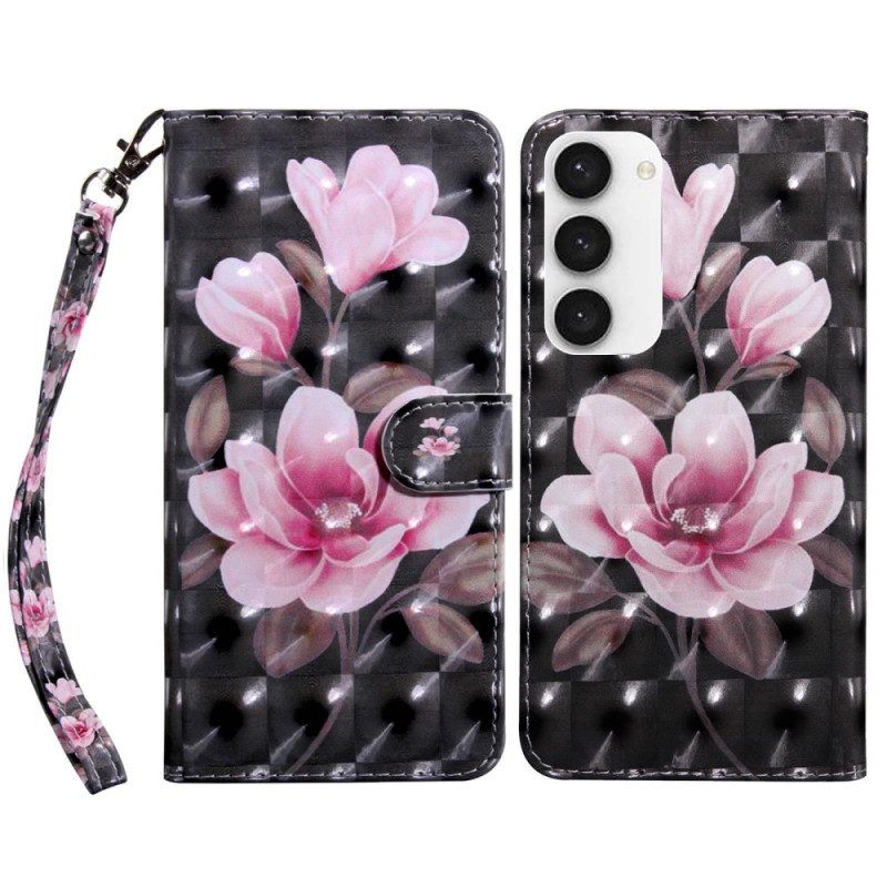 Leren Hoesje voor Samsung Galaxy S23 5G Met Ketting Strakke Bloemen