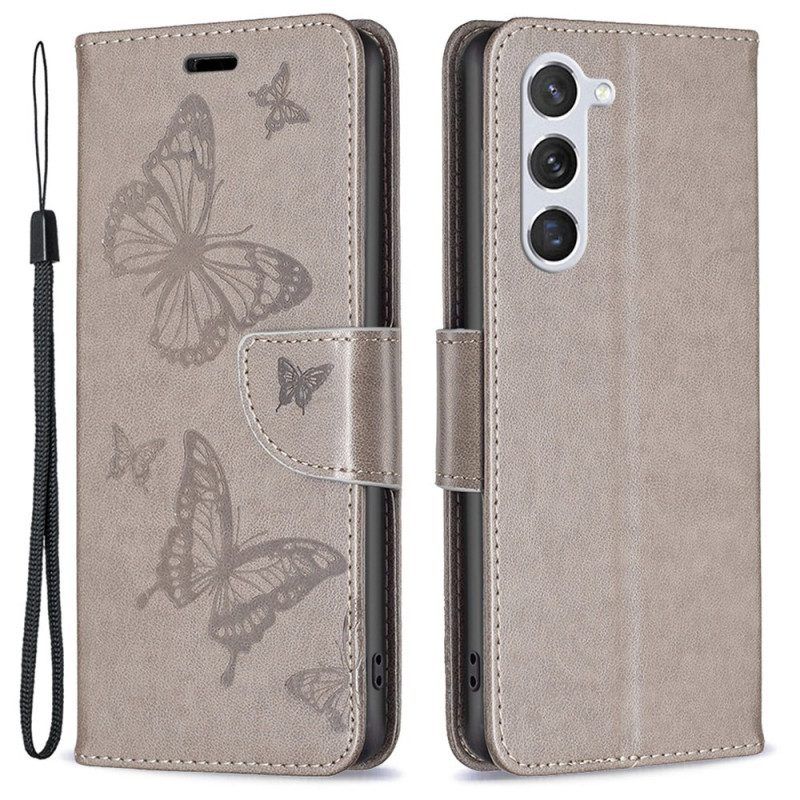 Leren Hoesje voor Samsung Galaxy S23 5G Met Ketting String Vlinders