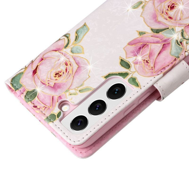 Leren Hoesje voor Samsung Galaxy S23 5G Rfid-bloemen Met Sleutelkoord