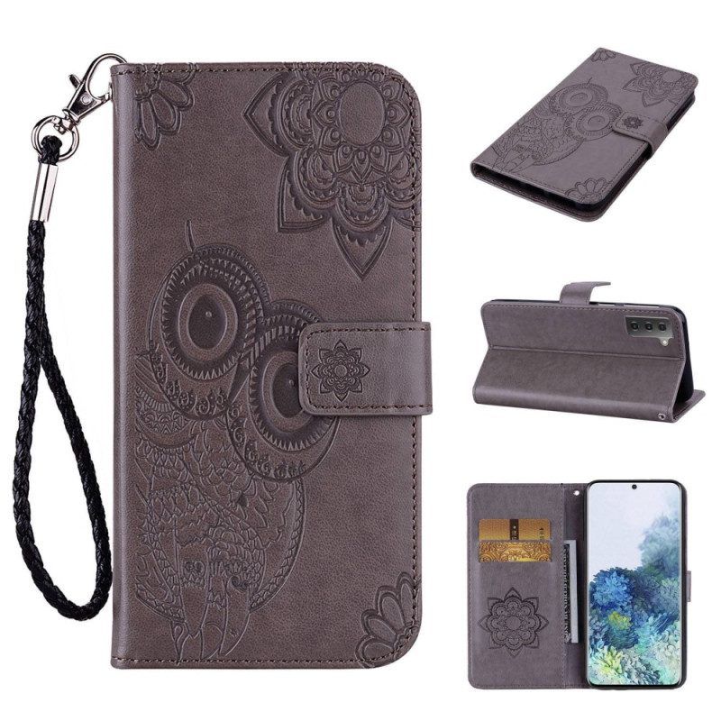 Leren Hoesje voor Samsung Galaxy S23 5G Uil Mandala En Lanyard