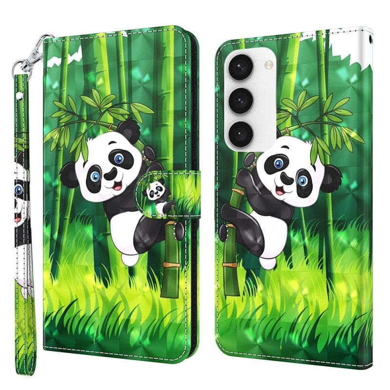 Leren Hoesje voor Samsung Galaxy S23 Plus 5G Met Ketting Panda En Bamboe Met Lanyard