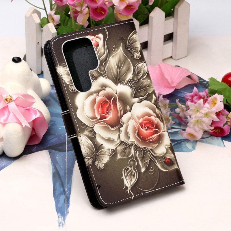 Leren Hoesje voor Samsung Galaxy S23 Ultra 5G Gouden Rozen