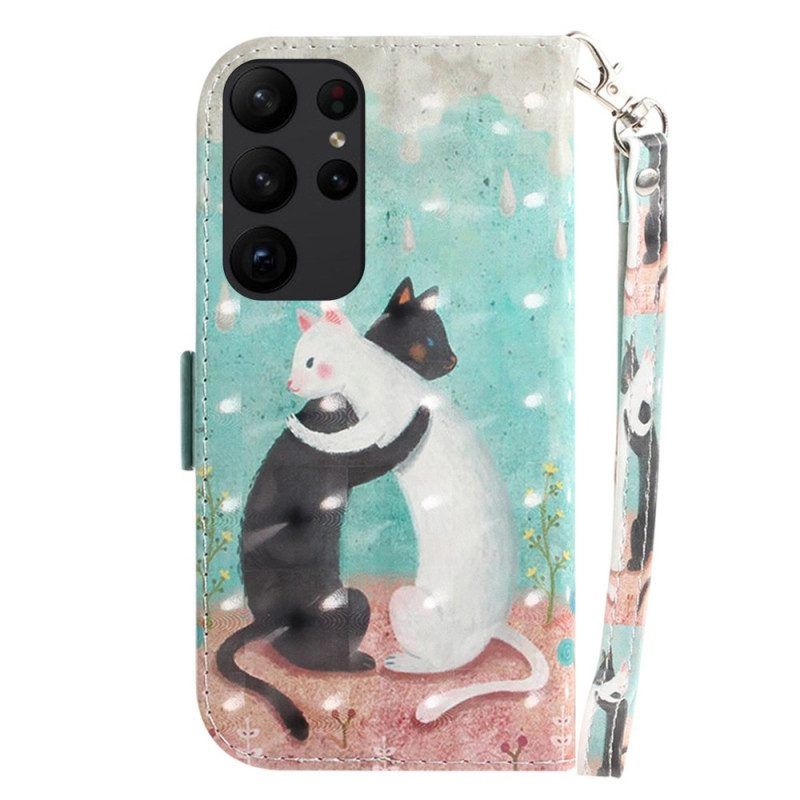 Leren Hoesje voor Samsung Galaxy S23 Ultra 5G Met Ketting Witte Kat Zwarte Kat Met Riem