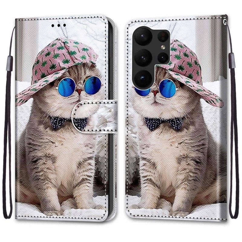 Leren Hoesje voor Samsung Galaxy S23 Ultra 5G Met Ketting Yo Kat Met Riem