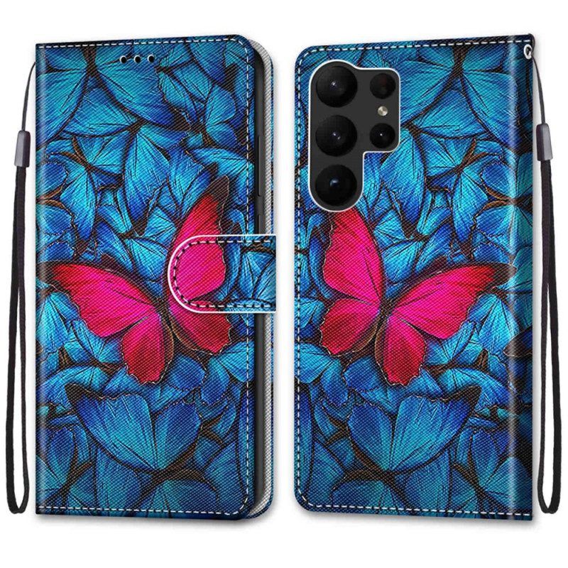 Leren Hoesje voor Samsung Galaxy S23 Ultra 5G Rode Vlinder Blauwe Achtergrond