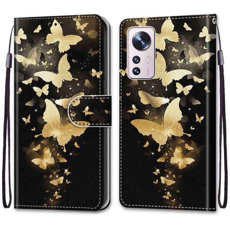 Leren Hoesje voor Xiaomi 12 / 12X Met Ketting Gouden Vlinders Met Riem