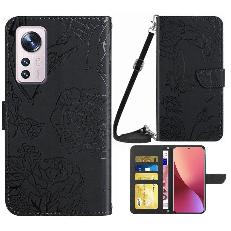 Leren Hoesje voor Xiaomi 12 / 12X Vlinders En Schouderriem